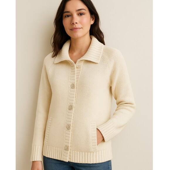 Lands' End VTG SZ L 100% Cotton Cardigan Sweater Cream Mother of Pearl Buttons - Picture 1 of 7